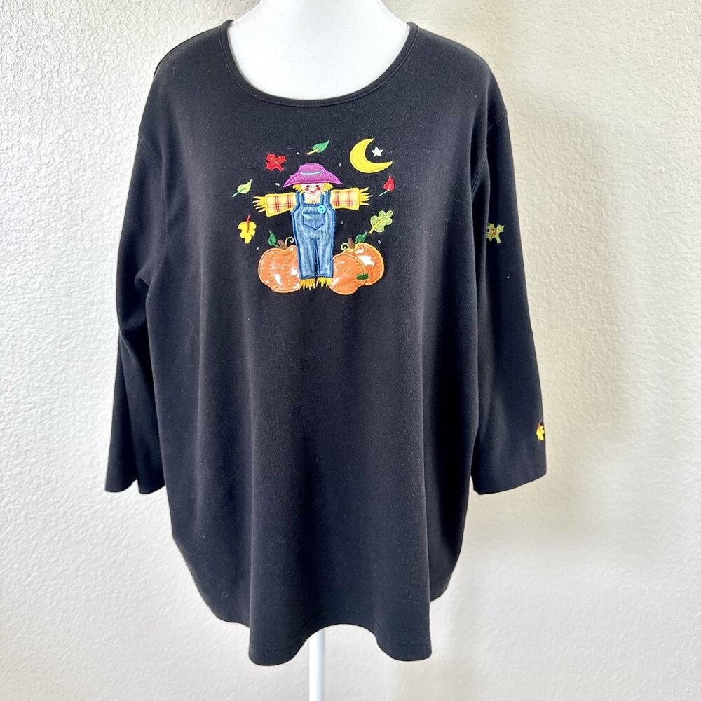 Hampshire Studio Boo Halloween Top 3X Scarecrow Pumpkin Embroidered Black Shirt